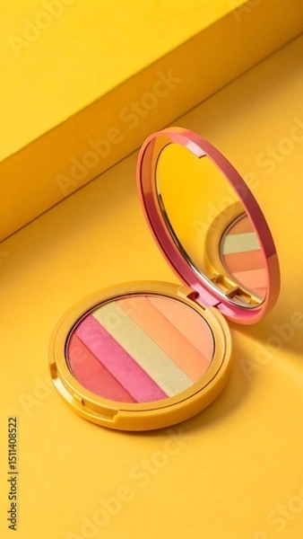 Obraz Vivid compact powder mockup displayed on a solid yellow backdrop, capturing attention with its bold color scheme and minimalist design.