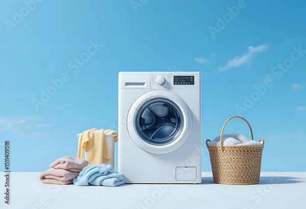Fototapeta laundry and washing machine against a blue sky background. 3d rendering.