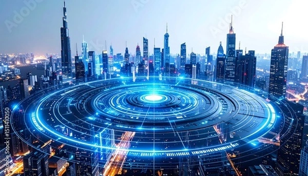 Fototapeta Futuristic cityscape with a glowing blue digital data network overlay.