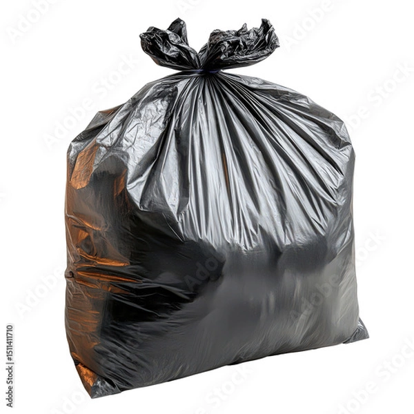 Fototapeta Full black trash bag isolated, environmental responsibility and waste management