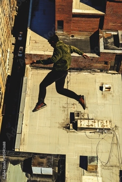Fototapeta Parkour athlete leaping across rooftops urban setting aerial action shot dynamic view thrill and adventure