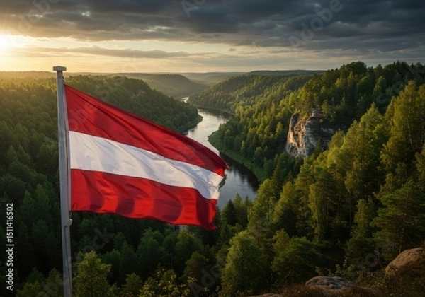 Fototapeta Waving Latvian Flag Symbolizing Baltic Resilience Amidst the Forested Gauja River Valley Landscape
