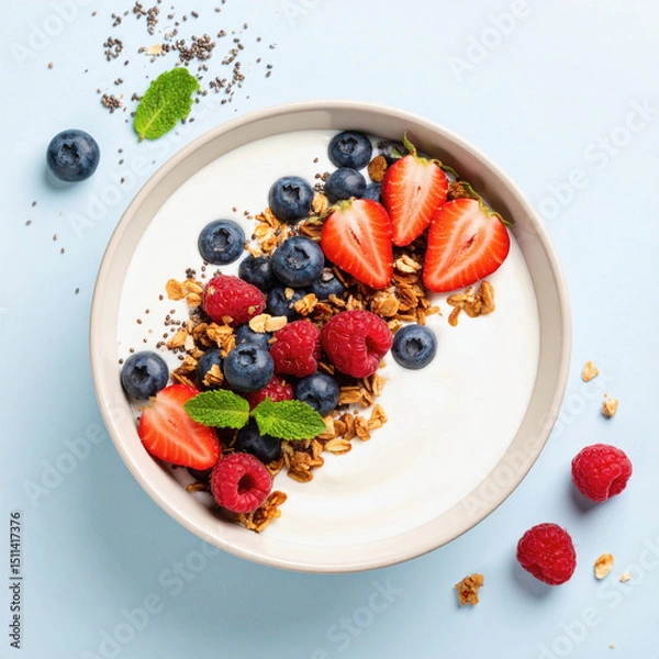 Obraz Healthy Greek Yogurt Breakfast Bowl with Berries and Granola, Minimalist Flat Lay