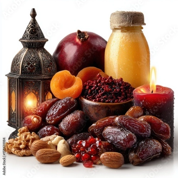 Fototapeta Assorted fresh fruits dates nuts and honey jar with candle and decorative lantern for healthy snack or dessert display
