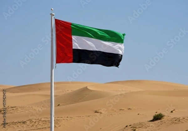 Fototapeta Waving UAE Flag Symbolizing Arab Unity Across the Vast Golden Desert Dunes of the Empty Quarter