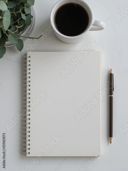 Obraz Minimalistic workspace with blank notebook, coffee cup, and gree