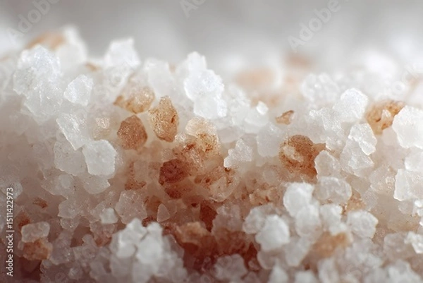 Obraz Close-up view of a textured surface of salt crystals, with a mix of white and reddish-brown grains. The image showcases the granular structure and color variations in the salt