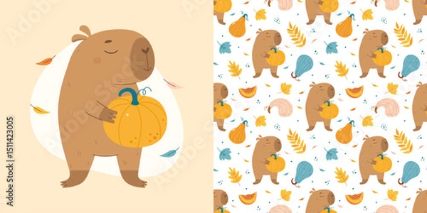Fototapeta Autumn pattern with cute capybara holding pumpkin