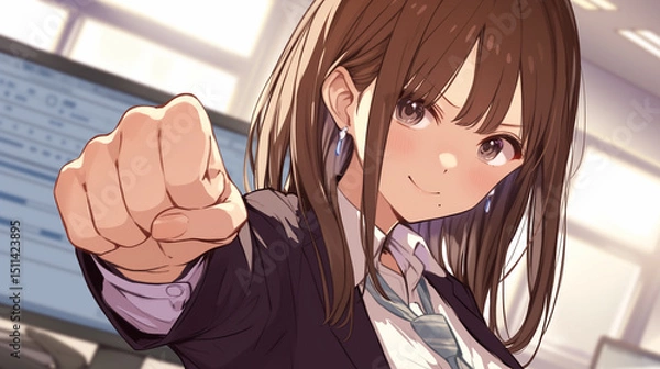 Fototapeta オフィススーツを着た、茶色のロングヘアと前髪がキュートな女の子が、微笑みながら拳をこちらに向けている