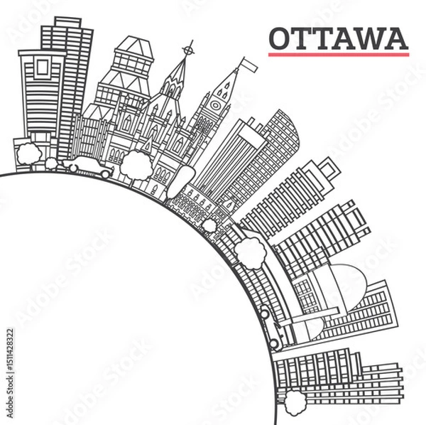 Fototapeta Outline Ottawa Canada City Skyline with Modern Buildings and copy space Isolated on White. Illustration. Ottawa Cityscape with Landmarks.