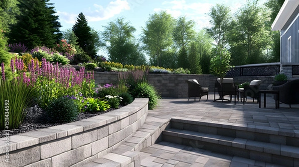 Obraz Landscaped patio with retaining walls and pavers, creating a beautiful outdoor space