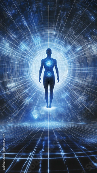 Fototapeta Abstract sacred geometry of  throat chakra, tones of blue and silver, energy radiating in concentric, human figure, cosmic background, light flowing through lines, surreal spiritual art, AI Generative