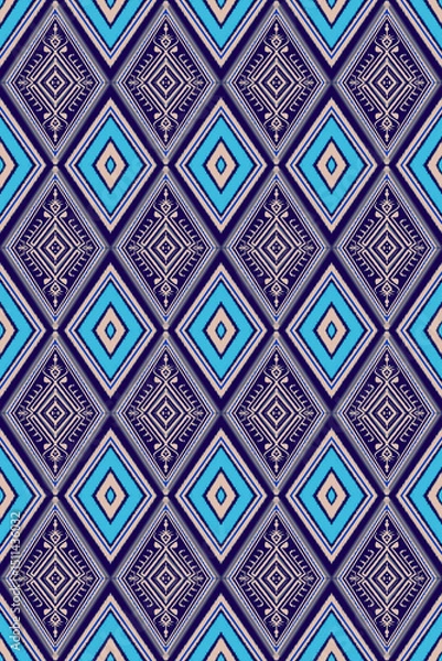 Fototapeta Blue and purple on ethnic motif inspired with geometric pattern , art deco line art diamond shapes wallpaper textiles background.