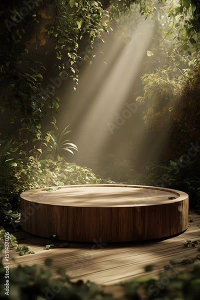 Fototapeta A circular wooden podium surrounded by lush greenery and sunlight, filled with foliage and a sense of nature. Product display a wooden podium
