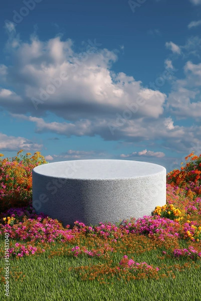 Fototapeta A round marble podium surrounded by colorful flowers field and blue sky and cloud on background. Product display a marble podium advertising
