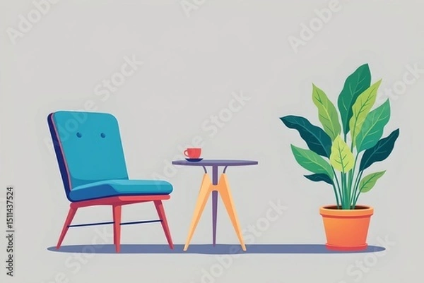 Fototapeta flat lay illustration of a chair, table, and potted plant in bright, contrasting flat colors on a neutral background