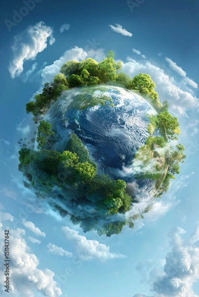 Fototapeta Floating mini world, planet earth with tiny trees surrounded by clouds. World environment day, Environmental and sustainable development