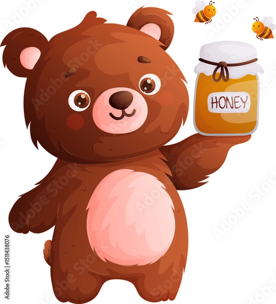 Fototapeta Cute Cartoon Bear Holding a Jar of Honey with Bees Flying Around, Sweet Treat Theme.