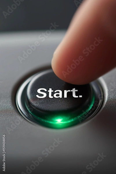 Fototapeta Finger pressing a start button with the text "Start" and green light, Pushing power button. Technology, Energy and Innovation
