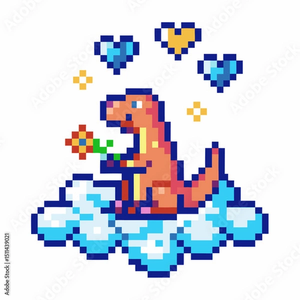 Fototapeta pixel art dinosaur holding flower on cloud surrounded by hearts and sparkles, playful retro design