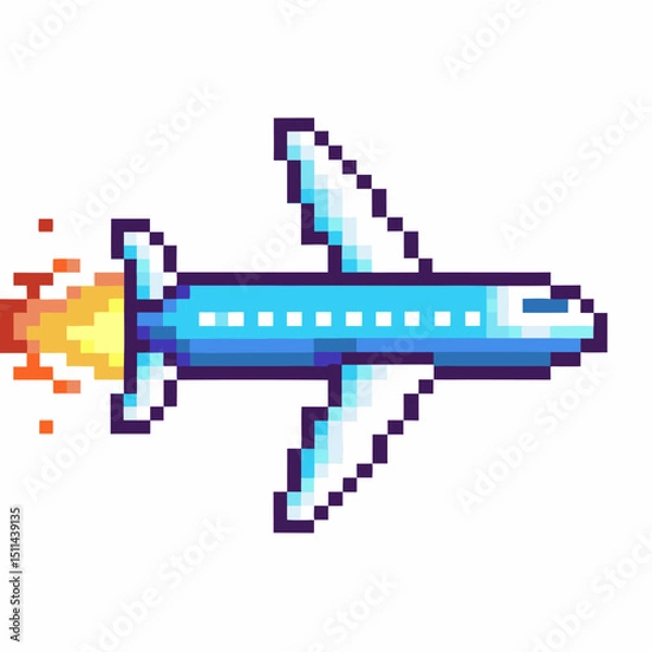 Fototapeta Pixel art airplane with fiery exhaust in retro video game