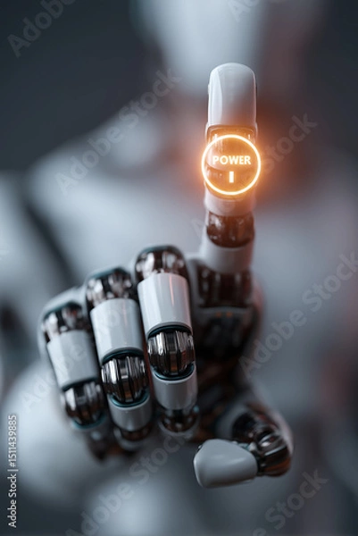 Fototapeta Close up finger of futuristic humanoid robot pressing power button with neon light modern interface action start technology, Automation technology concept
