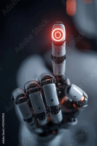 Obraz Close up finger of futuristic humanoid robot pressing power button with neon light modern interface action start technology, Automation technology concept
