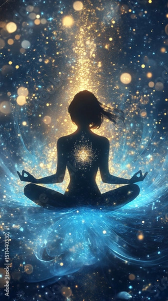 Fototapeta Silhouette of a woman in lotus meditation position with Seven Chakras on flowing rainbow energy background. AI Generative