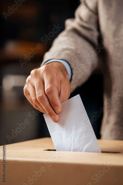 Fototapeta Hand of a person putting ballot paper in the voting box, Person casting vote into ballot box. Vote, Freedom democracy concept
