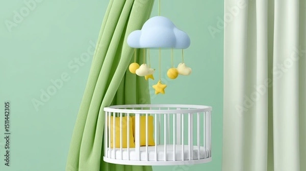 Fototapeta Cozy baby crib with mobile on pastel green background