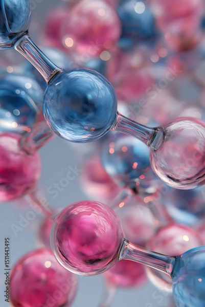 Fototapeta Interconnected transparent glassy molecules, Molecular structure with transparent spheres and atom connections. Cosmetic essence, Skin care cosmetics solution concept
