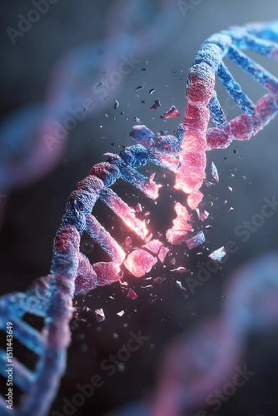 Fototapeta Scientific 3D illustration microscopic view of DNA molecular helix being damaged or broken, Broken DNA molecule structure representing genetic code. Science biology research concept

