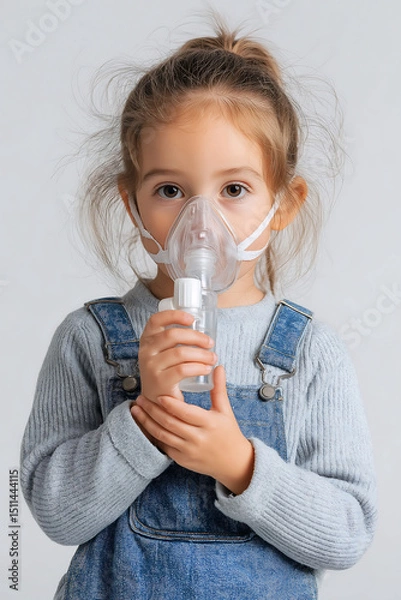 Fototapeta A little child using inhaler mask holding medicine inhaler, Children using equipment to treat asthma or bronchitis, treatment of children's respiratory and lung diseases
