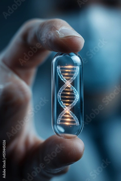 Fototapeta Close up a scientist hand holding a transparent medicine capsule containing a glowing DNA double helix. Capsule medicine and health technology concept
