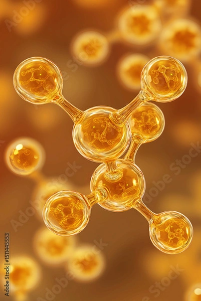 Fototapeta Translucent golden protein molecules precisely connected in a symmetrical structure, Golden molecular structure, Microscopic particles