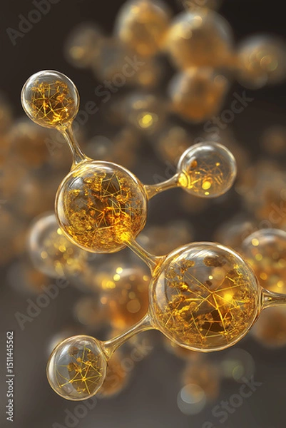 Fototapeta Translucent golden protein molecules precisely connected in a symmetrical structure, Golden molecular structure, Microscopic particles