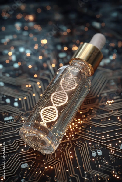 Fototapeta A glowing acid serum drop bottle placed on circuit board texture with DNA helix hologram inside. Biology medical science and technology
