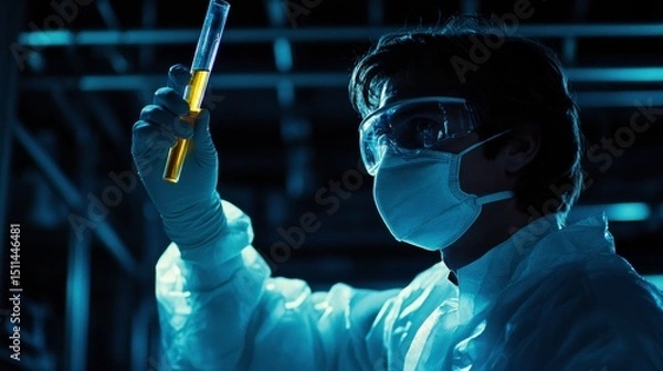 Fototapeta Scientist in Lab Holding Test Tube with Colorful Liquid Against Dark Background