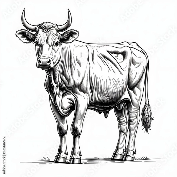 Fototapeta A cow with horns stands in a field. 