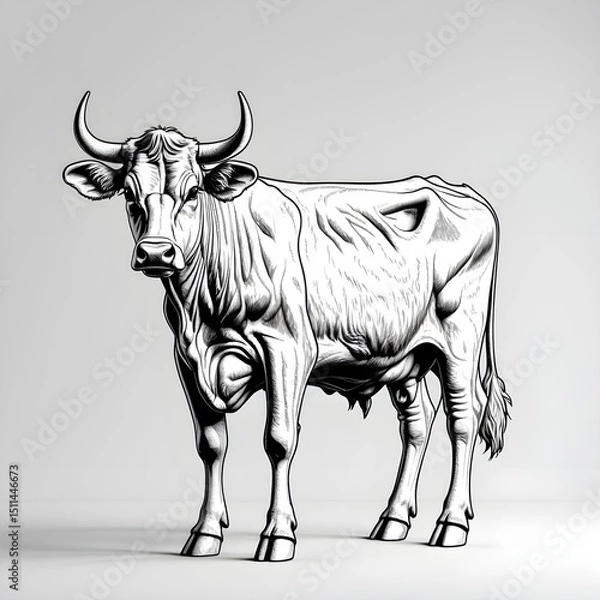 Fototapeta A cow with horns stands in a field. 
