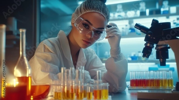 Fototapeta Scientist in Laboratory Conducting Research with Test Tubes and Microscope