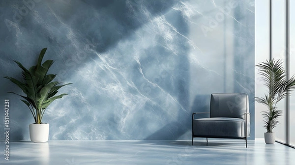 Fototapeta Modern minimalist studio setting with smooth blue marble textures and clean design