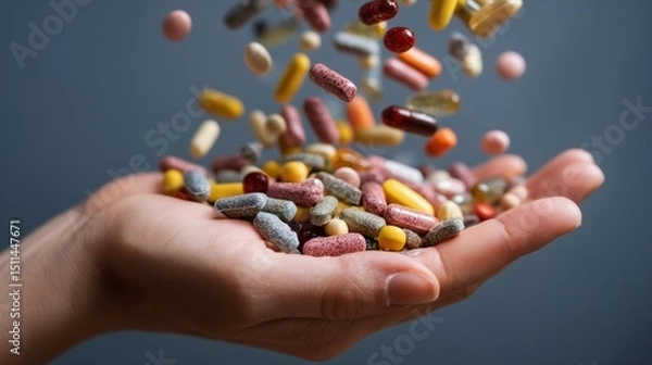 Obraz 手に降り注ぐ大量のサプリメント