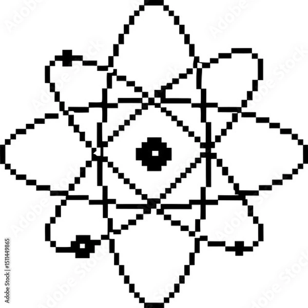 Fototapeta pixelated atomic structure diagram simplified atomic model, representing electrons orbiting nucleus in pixel art