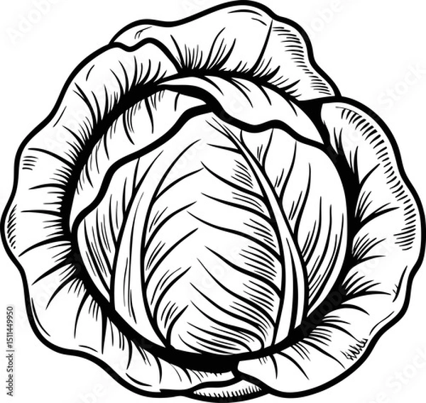 Fototapeta Detailed monochrome illustration of cabbage vintage botanical drawing with intricate leaf patterns