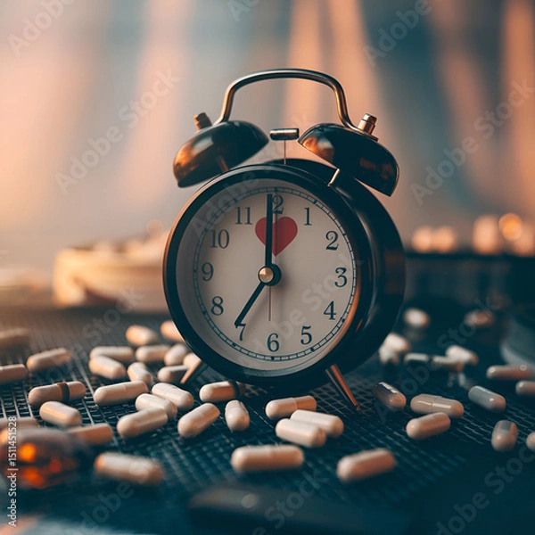 Obraz A conceptual photograph depicts a classic analog alarm clock, surrounded by capsules and pills, highlighting time, health, and urgency, with a softly blurred background and warm lighting.