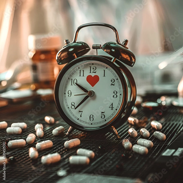 Obraz A conceptual photograph depicts a classic analog alarm clock, surrounded by capsules and pills, highlighting time, health, and urgency, with a softly blurred background and warm lighting.