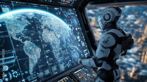 Fototapeta Futuristic Robot Gazing at Earth from Advanced Space Control Room