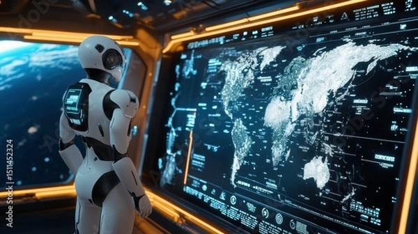Fototapeta Futuristic Robot Observing Earth from Space with Digital Map Display