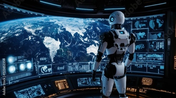 Fototapeta Futuristic Robot Observing Earth from High-Tech Control Room